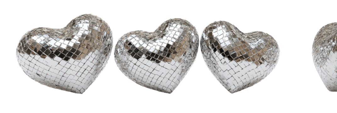 Three silver disco heart-shaped decorations