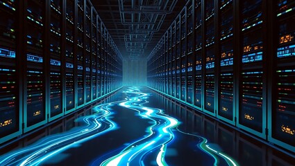 A futuristic data center corridor lined
