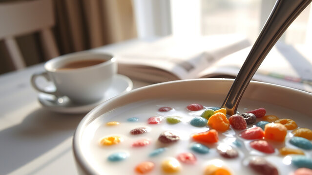 Bowl of cereal with milk closeup detail food breakfast