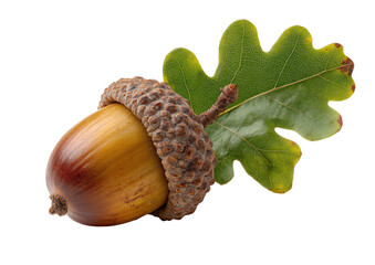 Close-up of an acorn with a vibrant green oak leaf.  The acorn is a light brown and tan, textured with small, bumpy caps.  