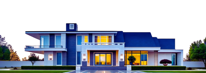 Two story house with green lawn isolated on transparent background