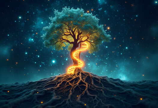 Luminous Tree of Life: A mesmerizing fantasy image of a grand tree with glowing roots intertwined with a radiant DNA helix under a breathtaking, starlit cosmic sky.