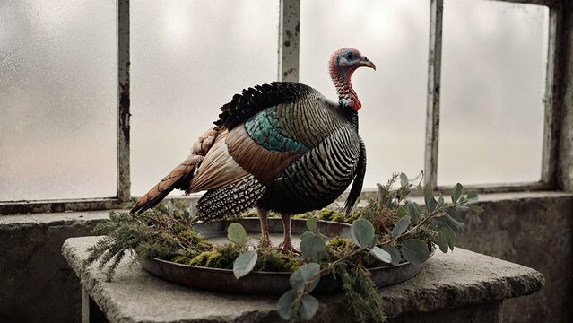 Portrait d’un dindon mâle perché sur un plateau métallique décoré de mousse et de feuillages devant une grande fenêtre ancienne - Powered by Adobe