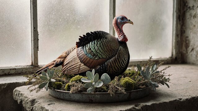 Portrait d’un dindon mâle perché sur un plateau métallique décoré de mousse et de feuillages devant une grande fenêtre ancienne