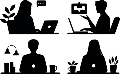 Remote Worker Silhouette Vector Set ? Modern Office Jobs Icons