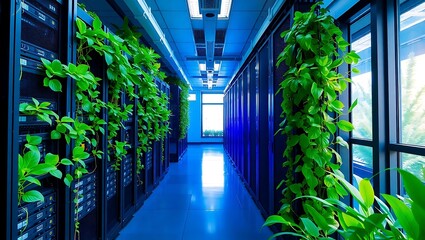 high-tech data center features server racks integrated with lush green plants