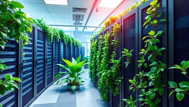 a modern data center, green plants