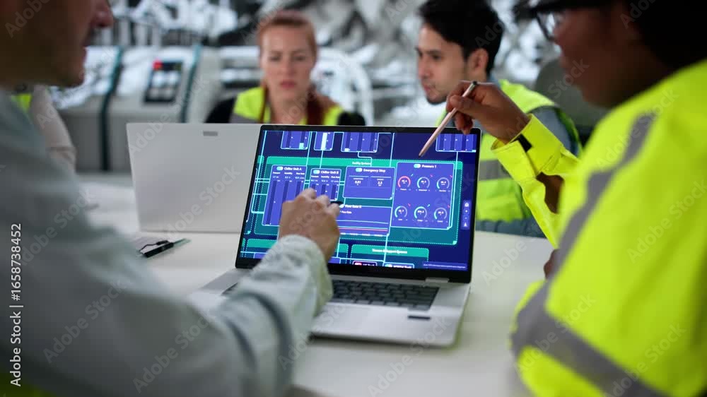 Aufkleber industrial automation team checking scada on computer