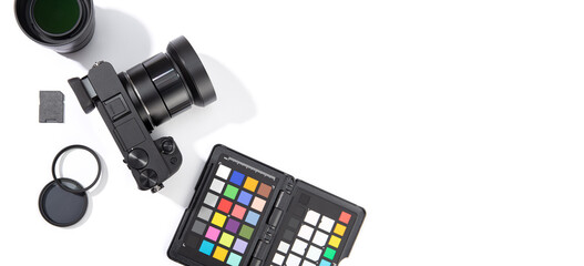 Flat lay of digital photographic equipment isolated on white background. Photography concept