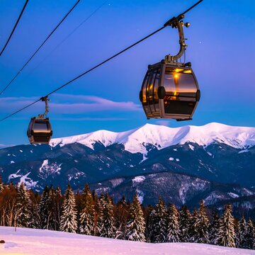 Twilight Ascent: Glowing Gondolas Glide Over a Snowy Alpine Landscape