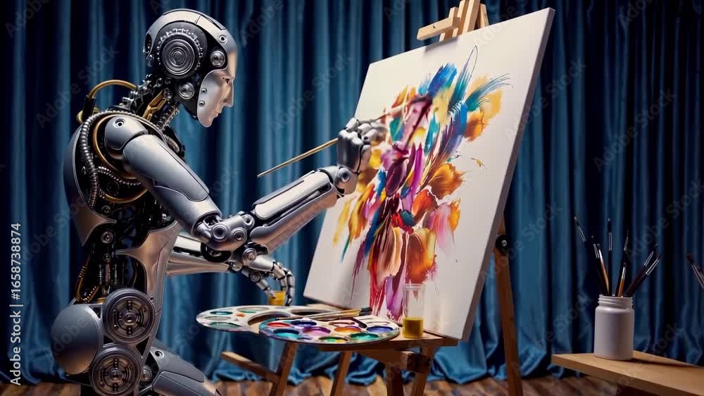 Poster robotic humanoid with mechanical body painting colorful abstract artwork on canvas. robot uses paint