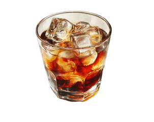 A glass of dark amber cocktail with ice