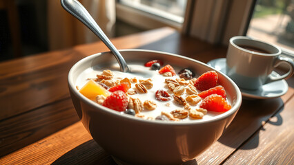 Bowl of cereal owl and strawberry breakfast food concept delicious