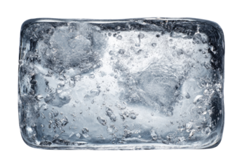 Rectangular ice block, top view.  A large, rectangular block of ice,  showing clear,  slightly cloudy texture and small air bubbles.  Water droplets are visible on the surface
