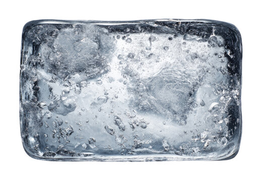 Rectangular ice block, top view.  A large, rectangular block of ice,  showing clear,  slightly cloudy texture and small air bubbles.  Water droplets are visible on the surface