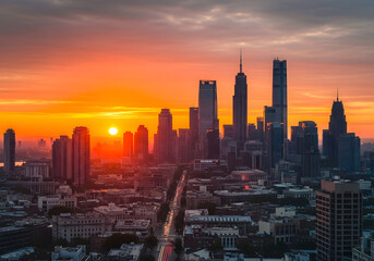 Obraz premium City Skyline at Sunset with Illuminated Buildings