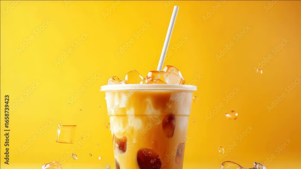 Poster cold, frothy drink with colorful ice cubes splashing out over straw. iced tea with powdered sugar.