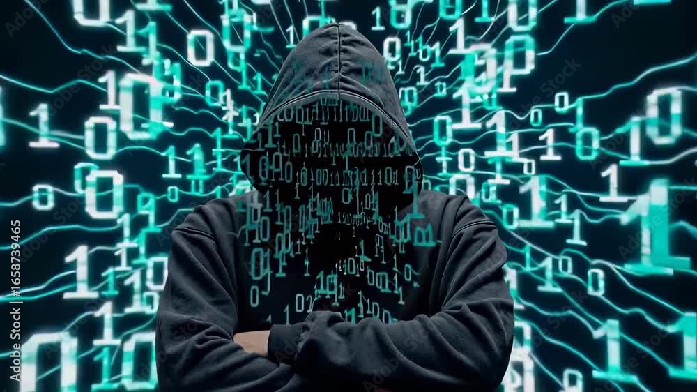 Aufkleber hooded figure with binary code overlay stands amid digital network background. crossed arms suggest 