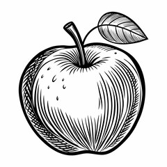 Classic black and white apple with stem and leaf, rendered in a vintage scratchboard art style, perfect for food, health, or harvest themes.