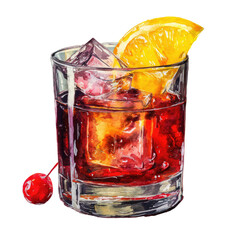A vibrant cocktail in a rocks glass, garnished with a cherry and orange slice