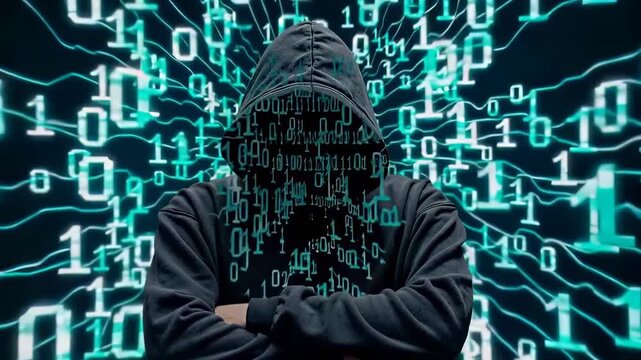 Hooded figure with binary code overlay stands amid digital network background. Crossed arms suggest confrontational cybersecurity stance. Digital data streams with binary numbers