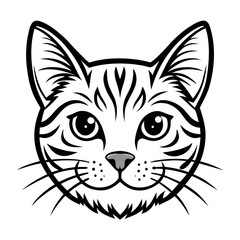 Captivating black and white stylized tabby cat face drawing with expressive eyes, perfect for branding, logos, and adorable pet-themed designs