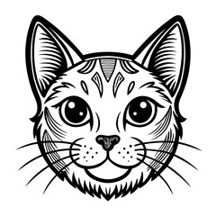 Striking black and white stylized cat face portrait with expressive eyes and intricate linework, perfect for branding, logos, or decorative art projects seeking a modern, artistic touch.