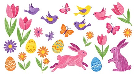 Illustration collection of cute easter elements like bunnies, eggs, flowers, birds, and butterflies isolated on white background