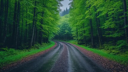Fototapeta premium Journey through the Forest: A scenic, winding road disappears into a lush, green forest, inviting exploration and adventure. Captured in a landscape view.