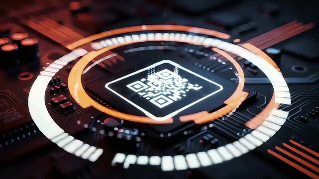 QR Code Technology on Circuit Board with Glowing Elements.
