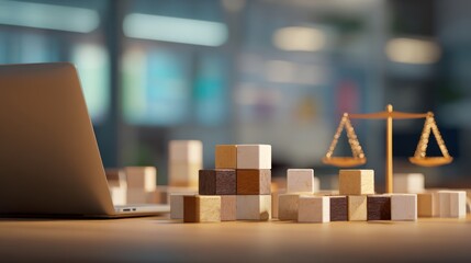 Balance in Business: A modern office scene featuring a laptop, a wooden scale, and a collection of building blocks symbolizing justice, technology, and balanced decision-making.