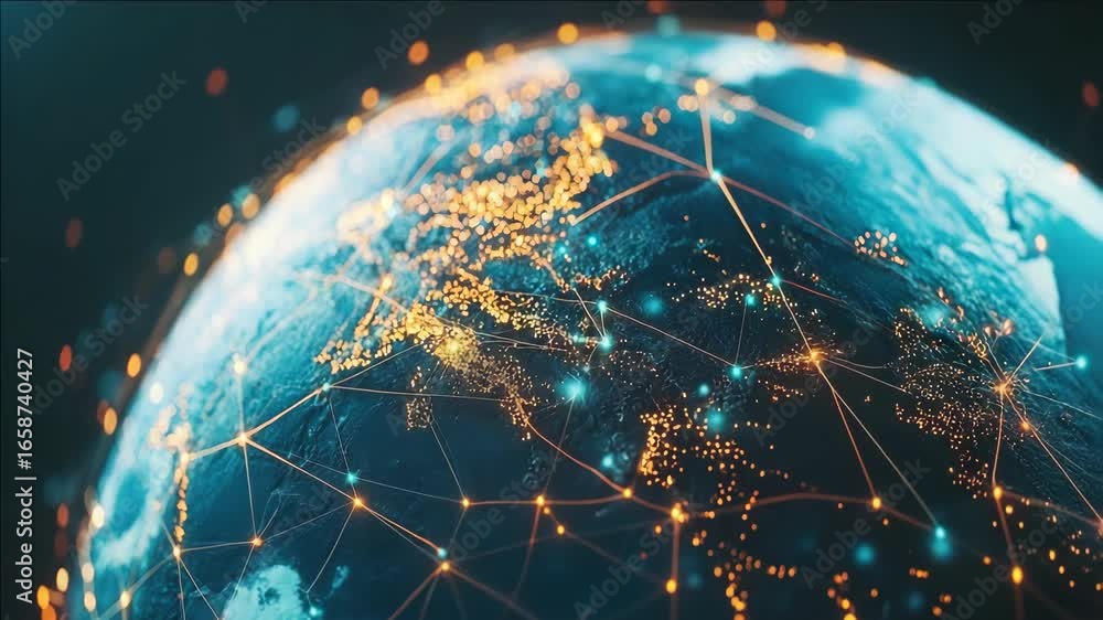 Aufkleber high-tech digital network over global map. concept of internet and data communication. abstract back