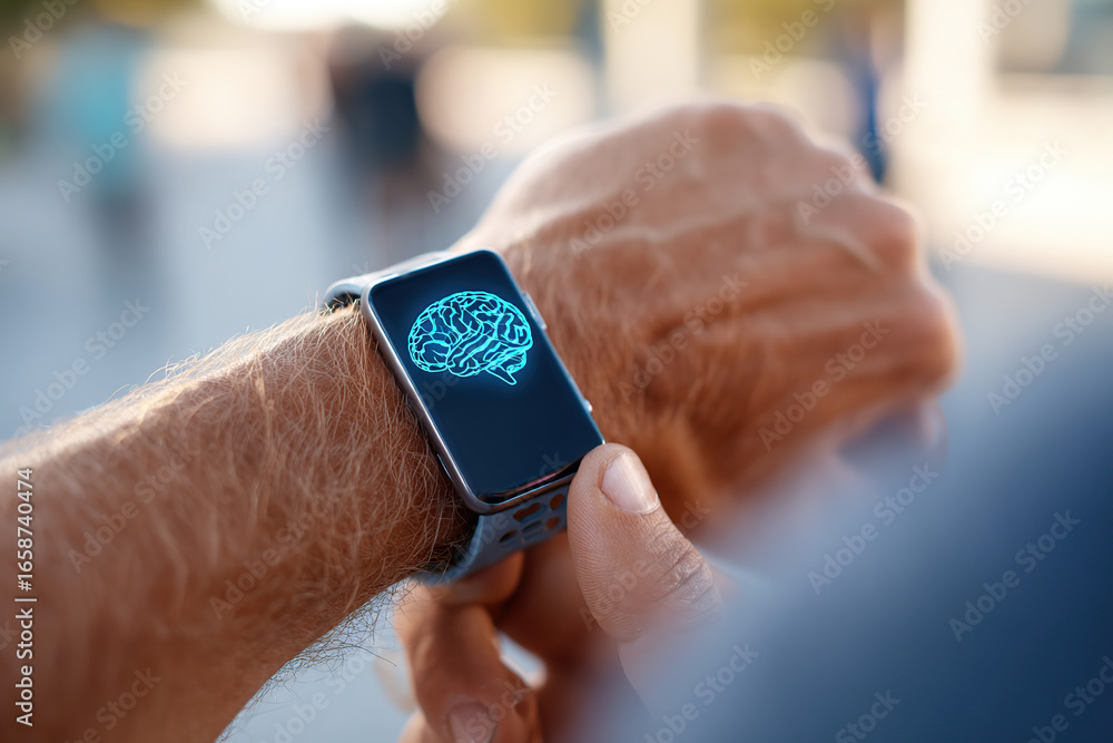 Aufkleber wearable technology features network brain interface displayed on wrist device