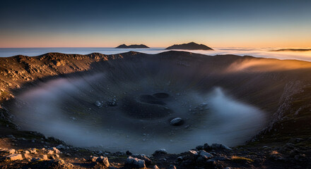 Obraz premium A stunning sunrise illuminates a vast volcanic crater filled with swirling mist high above a sea of clouds creating a serene and otherworldly mountain landscape.