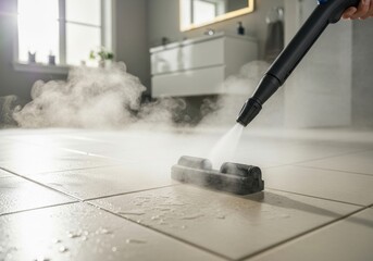 Efficient steam cleaning on bathroom floor for spotless hygiene and sanitation
