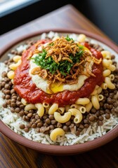 Flavorful egyptian koshari dish with lentils, pasta, and crispy onions garnished with herbs