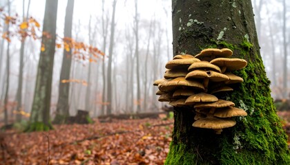 Obraz premium Vibrant Fungi Cluster on Mossy Tree in a Moody, Foggy Autumn Wood