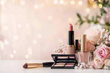 Glamorous composition of makeup essentials lipstick, brushes, eyeshadow palette, and perfume bottle with soft pink and pastel tones