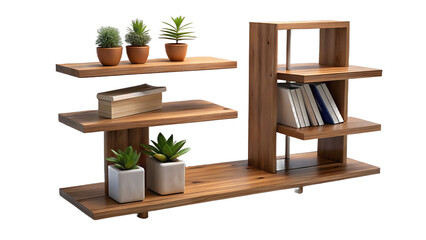 A wooden shelf with plants and books against a white background in a studio setting showcase