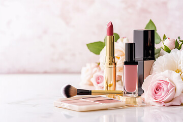 Glamorous composition of makeup essentials lipstick, brushes, eyeshadow palette, and perfume bottle with soft pink and pastel tones