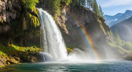 Majestic waterfall with a vibrant rainbow arching over its misty spray in a lush green mountain valley.
