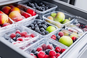 Open freezer drawer with transparent containers and bags filled with frozen berries and fruits, frosty frost on the drawer walls and packaging
