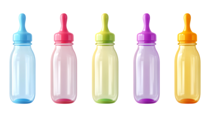 Colorful Baby Bottles A Row of Plastic Infant Feeding Bottles