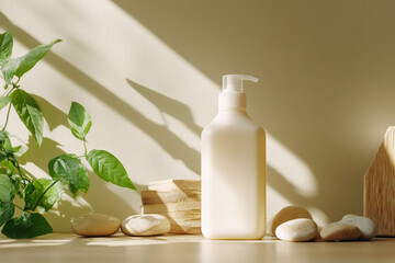Organic shampoo in a recycled plastic bottle on a background of natural materials