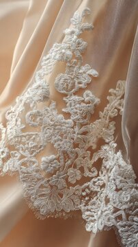 Delicate lace embroidery on soft fabric showcases exquisite craftsmanship and elegant design for bridal or formal wear