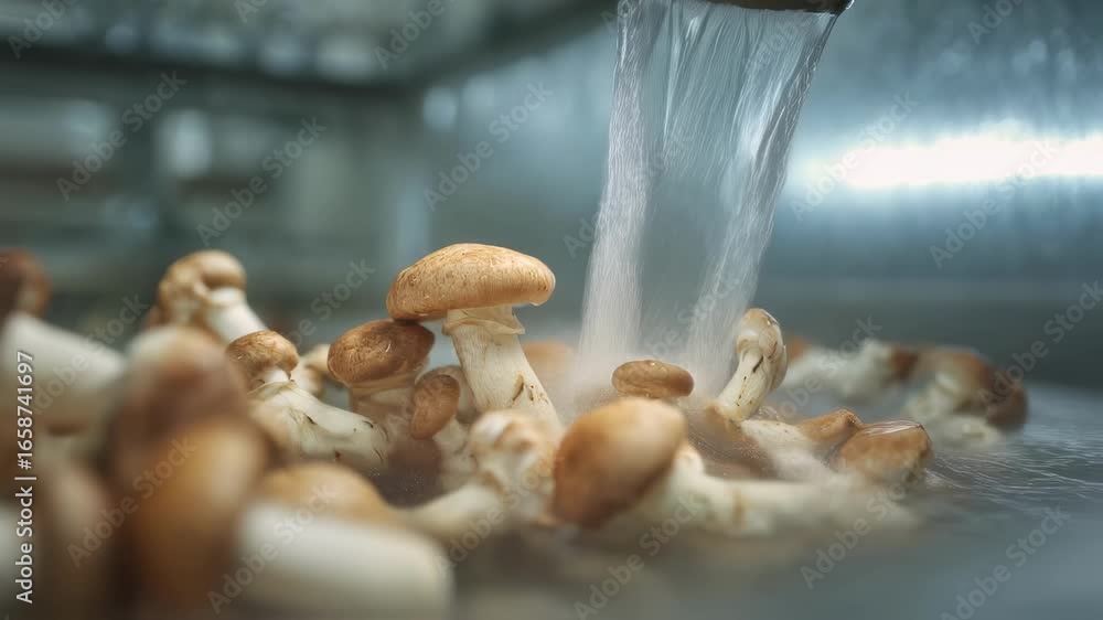 Poster medium shot capturing mushrooms freshly picked from vertical farm logs and gently placed into a prep
