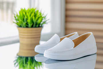 Mockup white slip-on shoes on a reflective surface with a green plant in the background