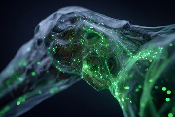 Revolution in implantology with quantum dot tracers glowing green, revolution enabling real-time monitoring, revolution enhancing success rates of surgical integrations