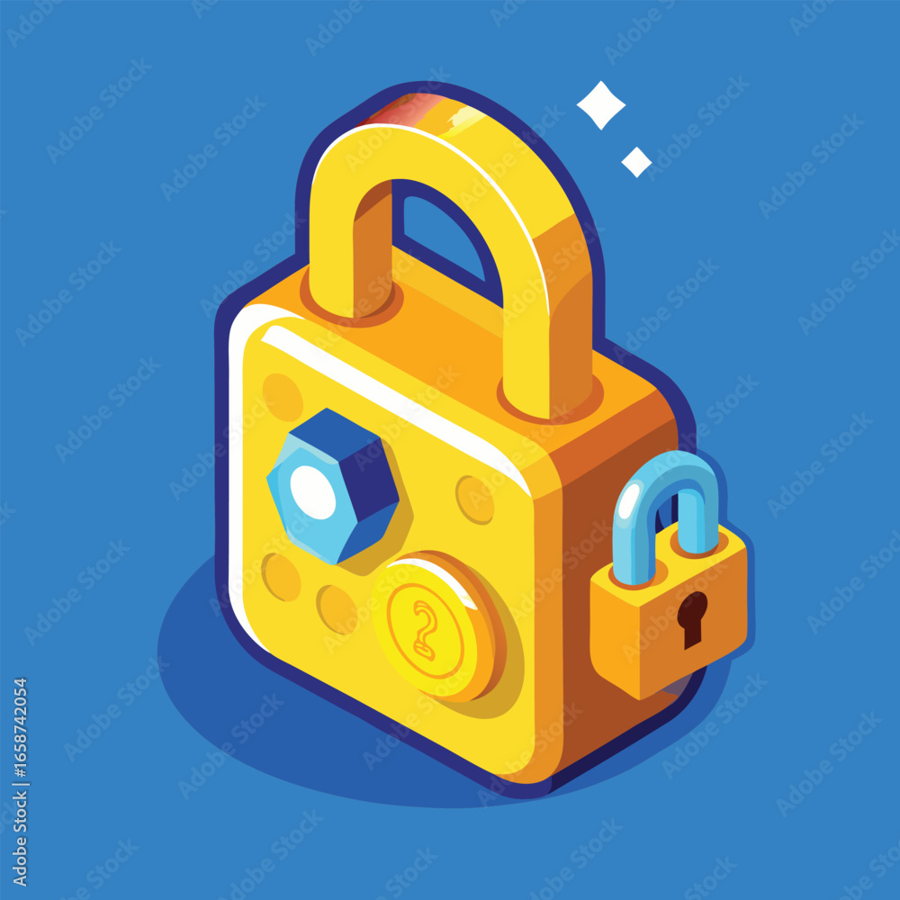 Poster isometric illustration of a gold padlock with a small combination lock secure symbol icon background