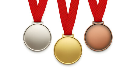Gold, silver and bronze medals with red ribbons isolated on white background - 3d illustration